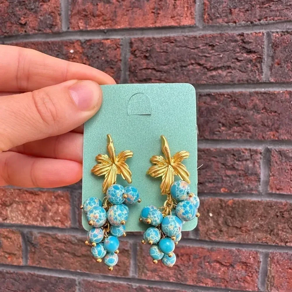 LuxuryTurquoise Stone Blue Leaf Grape Earrings